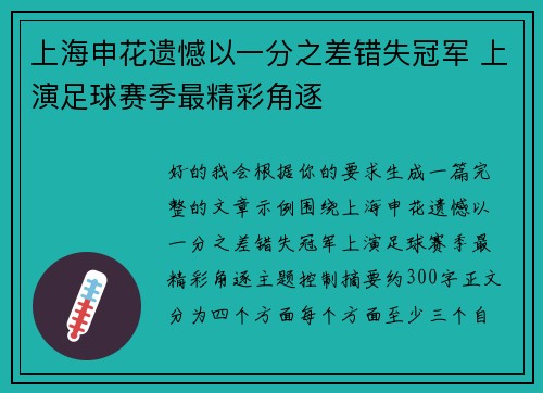 上海申花遗憾以一分之差错失冠军 上演足球赛季最精彩角逐