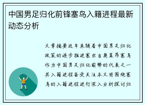 中国男足归化前锋塞鸟入籍进程最新动态分析 中国男足归化前锋塞鸟入籍进程最新动态分析