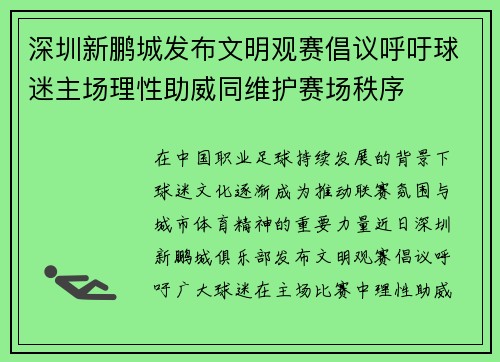 深圳新鹏城发布文明观赛倡议呼吁球迷主场理性助威同维护赛场秩序