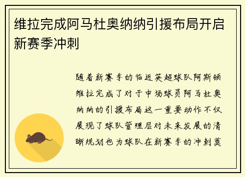 维拉完成阿马杜奥纳纳引援布局开启新赛季冲刺 维拉完成阿马杜奥纳纳引援布局开启新赛季冲刺