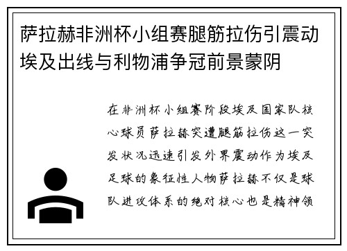 萨拉赫非洲杯小组赛腿筋拉伤引震动埃及出线与利物浦争冠前景蒙阴 萨拉赫非洲杯小组赛腿筋拉伤引震动埃及出线与利物浦争冠前景蒙阴